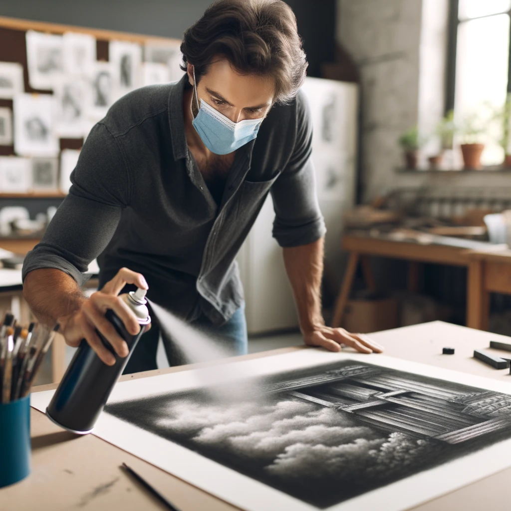 Artists, you can use charcoal in a sketchbook - here's how 2 artist spraying a fixative to a charcoal drawing on paper