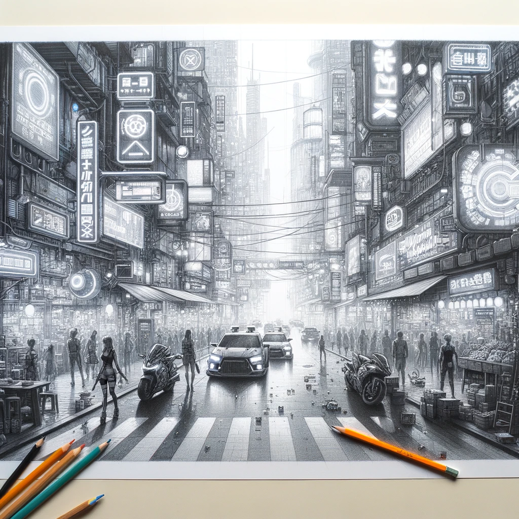 Top Stuff to Sketch, 38 Ideas To Draw In Your Sketchbook 31 Cyberpunk street scene pencil sketch