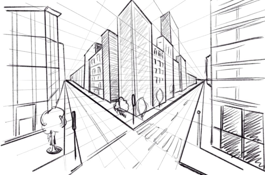Mastering 2 Point Perspective Drawing: Easy To Draw Ideas 6 2 point perspective cityscape with orthogonal lines