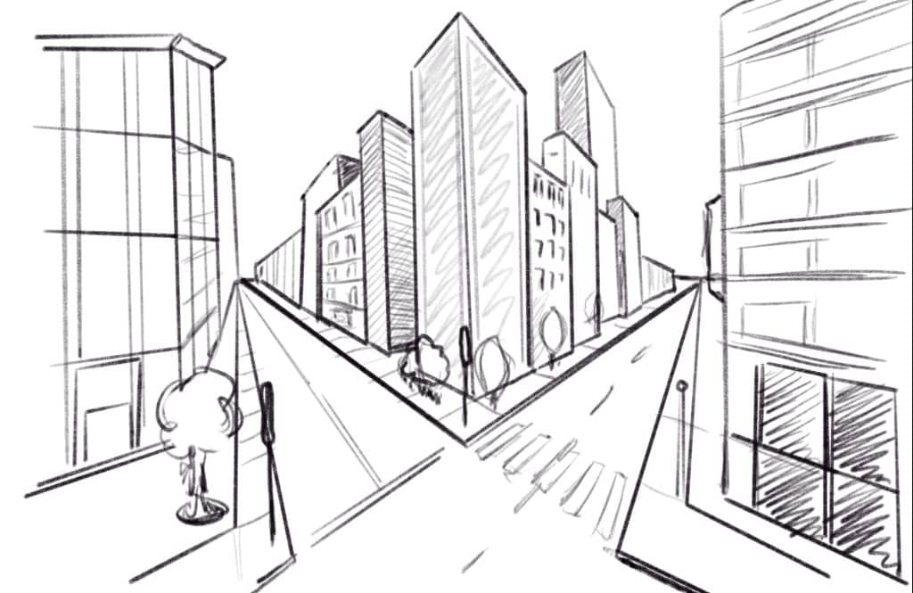 Mastering 2 Point Perspective Drawing: Easy To Draw Ideas 7 2 point perspective cityscape without orthogonal lines