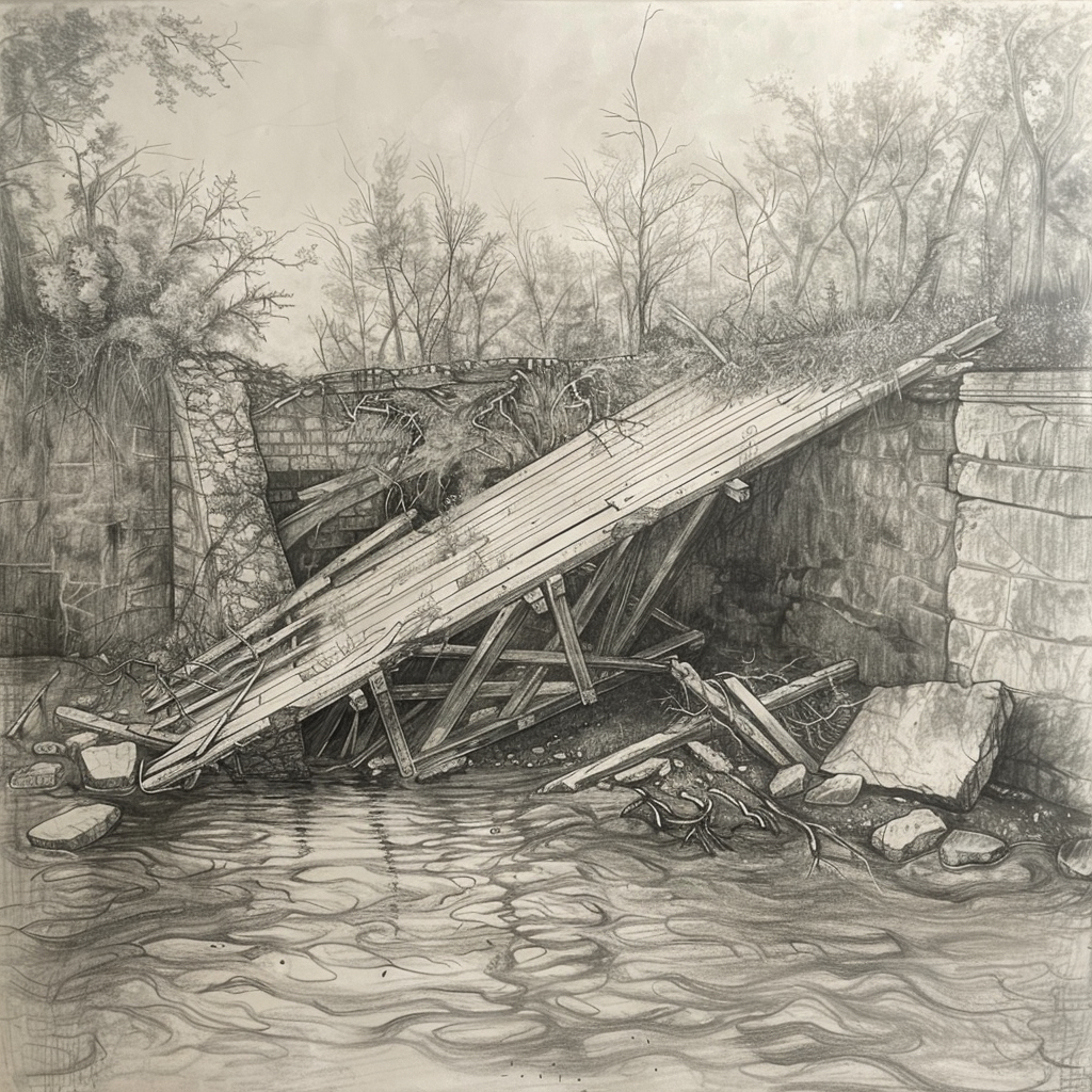 52 Healing Broken Drawing Ideas to Mend a Heart 38 A Bridge Partially Collapsed Into a River
