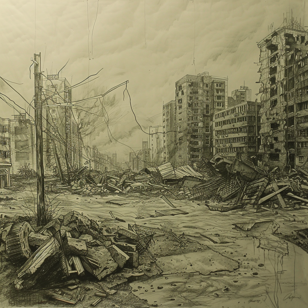 52 Healing Broken Drawing Ideas to Mend a Heart 46 A Cityscape After a Storm, With Scattered Debris