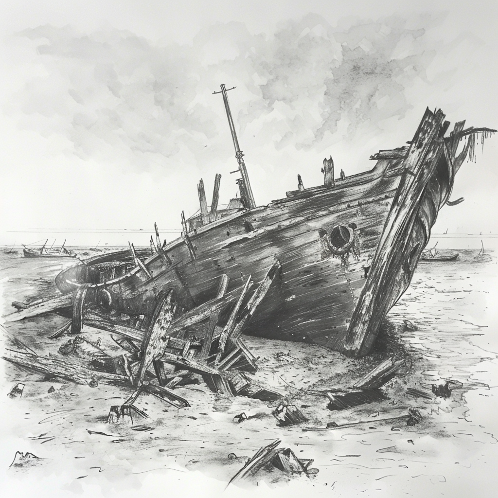 52 Healing Broken Drawing Ideas to Mend a Heart 43 A Dilapidated Shipwreck Partially Submerged