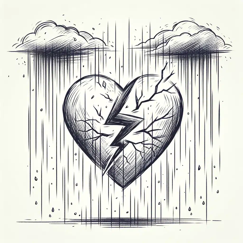 52 Healing Broken Drawing Ideas to Mend a Heart 15 A Heart Caught in a Storm, with Lightning Fracturing Its Surface