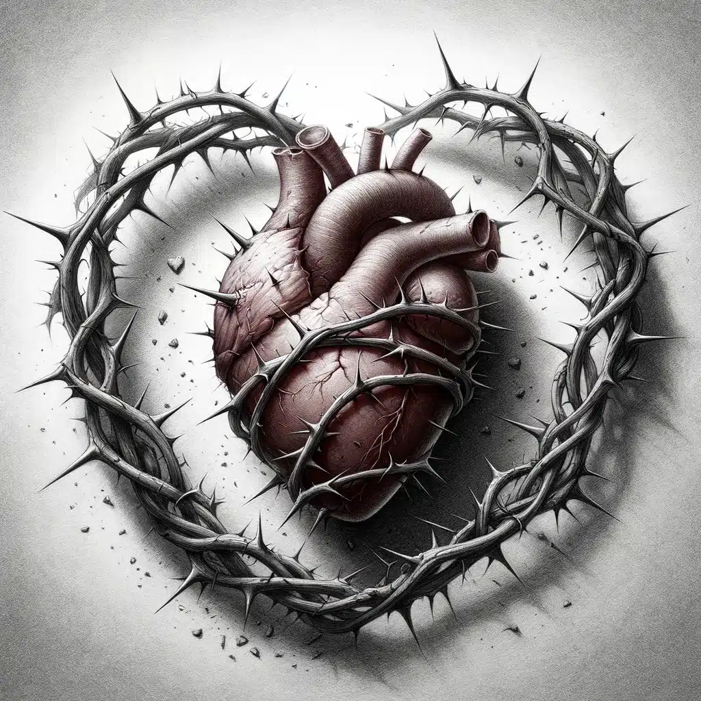52 Healing Broken Drawing Ideas to Mend a Heart 13 A Heart Entangled in Thorny Vines, Showing Both Protection and Pain