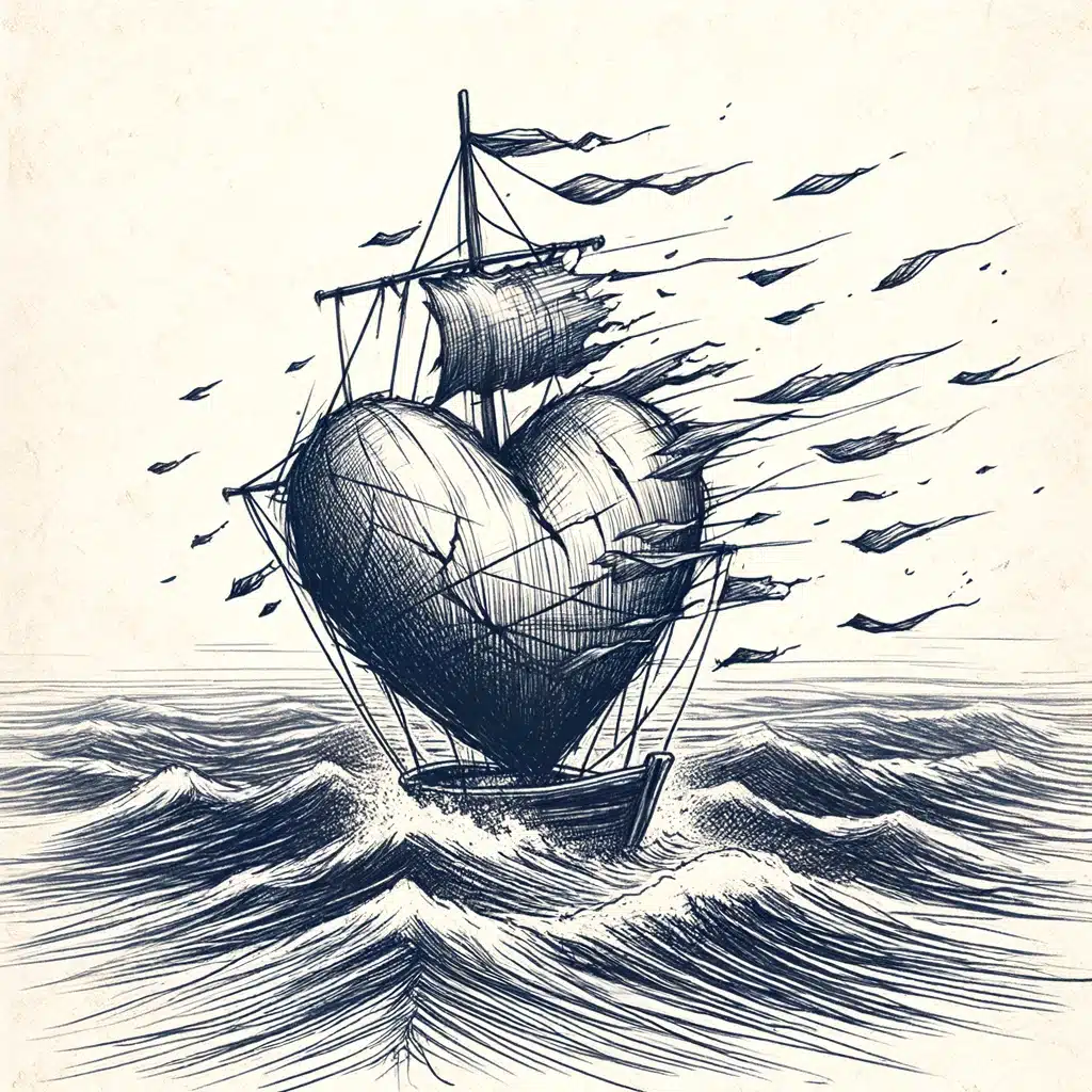 52 Healing Broken Drawing Ideas to Mend a Heart 16 A Heart Floating Adrift at Sea, Torn Sails in the Wind