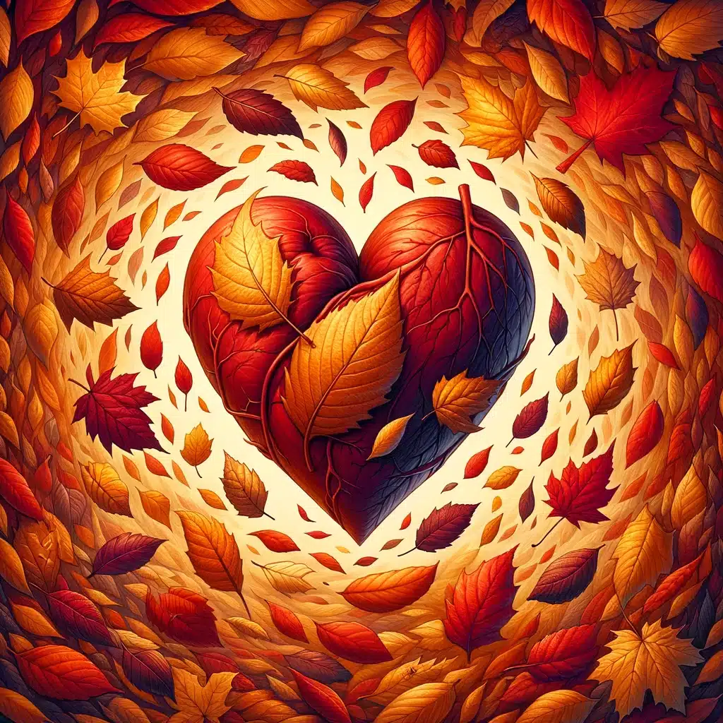 52 Healing Broken Drawing Ideas to Mend a Heart 20 A Heart Surrounded by Falling Autumn Leaves, Symbolizing Change and Loss