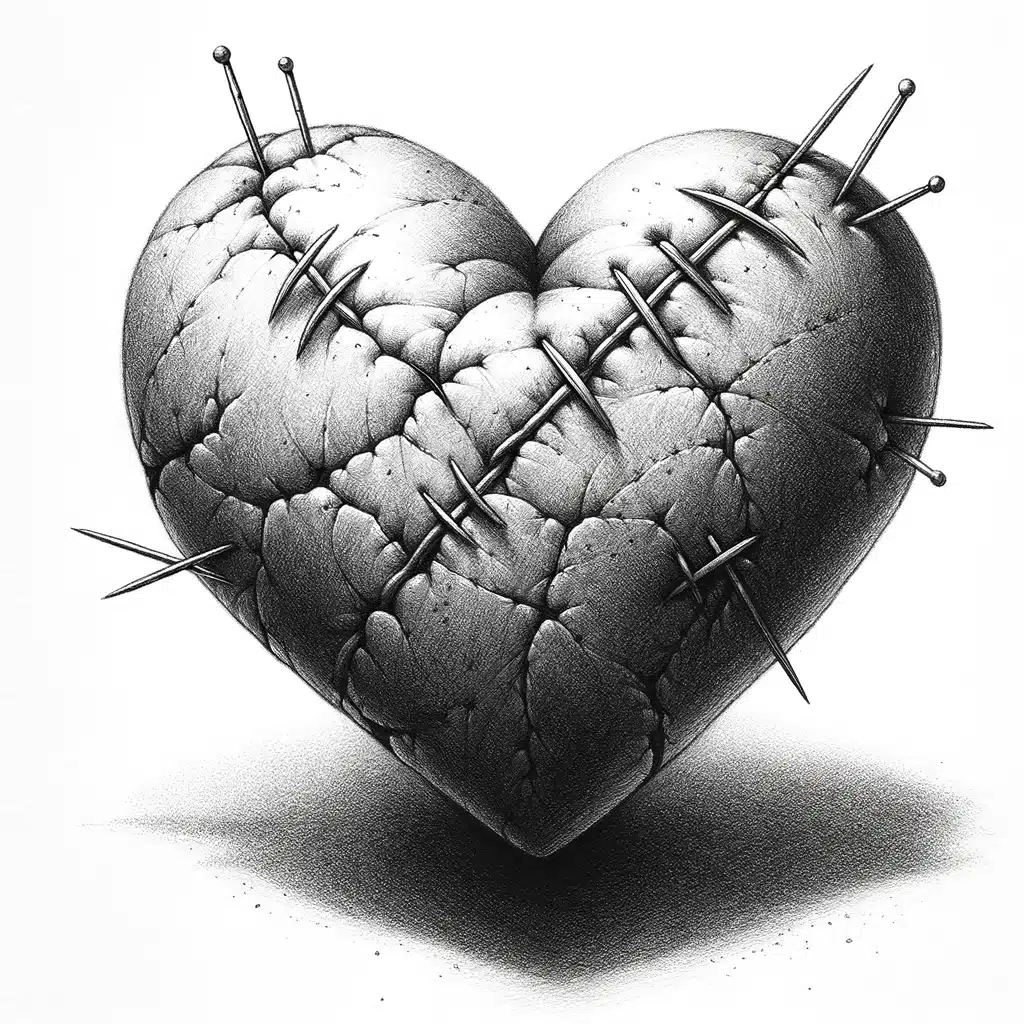 52 Healing Broken Drawing Ideas to Mend a Heart 14 A Heart with Stitches, Attempting to Mend Itself