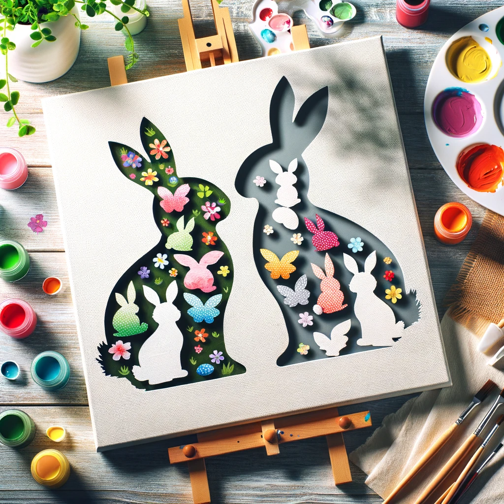 21 Easy Easter Art Projects for Kids: Boost Creativity & Make Memories 12 Bunny Canvas. Bunny silhouettes can be painted or created with letter stickers as a guide