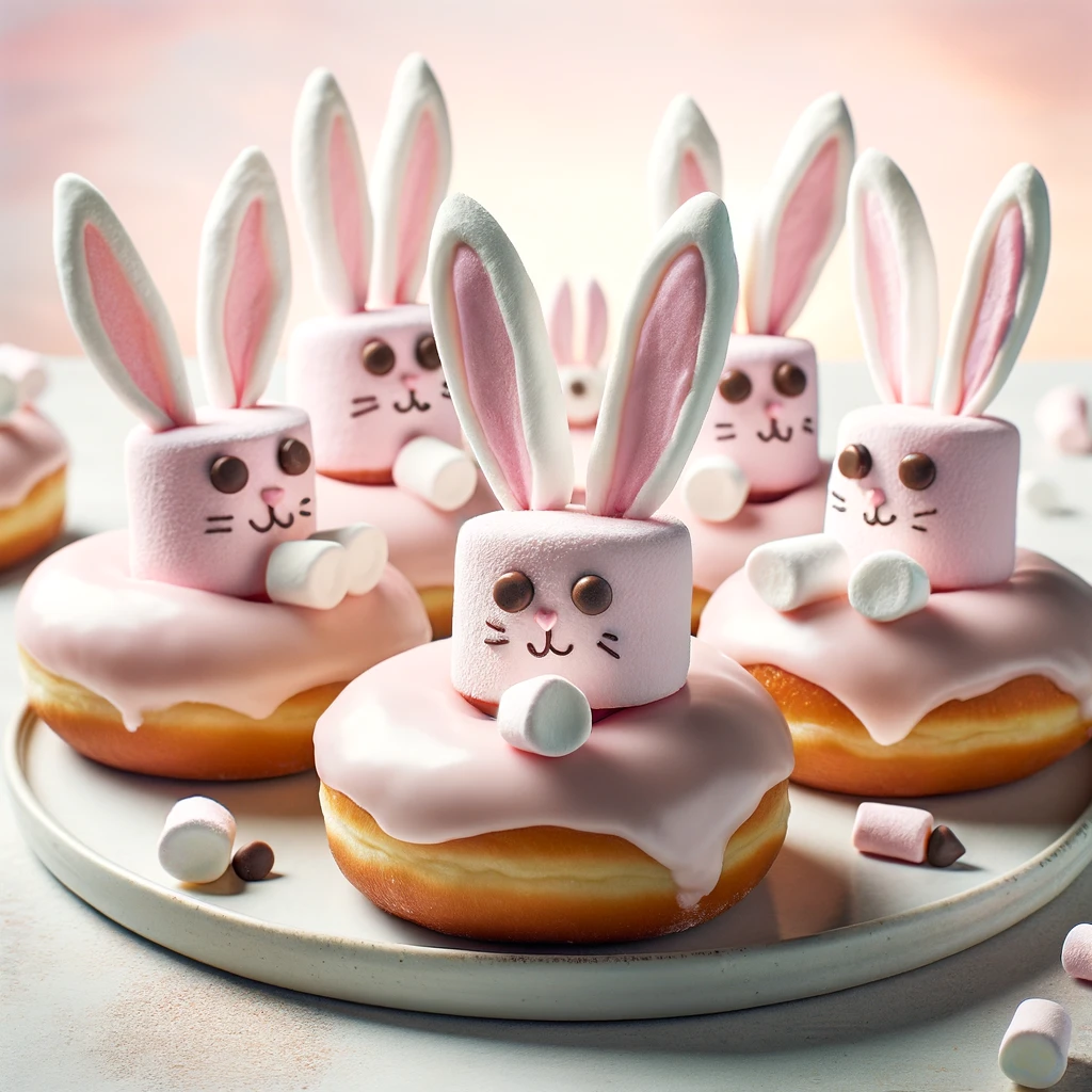 21 Easy Easter Art Projects for Kids: Boost Creativity & Make Memories 8 Donut Bunnies showing donuts frosted with pink icing, marshmallow bunny ears, and chocolate chip eyes.