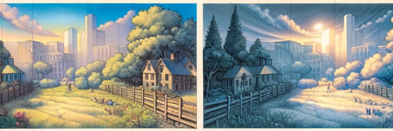 How To Create Realistic Depth to Your Drawings: Easy Ways 6 this image of a drawing illustrates how atmospheric perspective works to create depth in art. The landscape transitions across segments, from vibrant and detailed in the foreground to hazy and washed out in the far distance, effectively demonstrating the effect of atmospheric perspective.