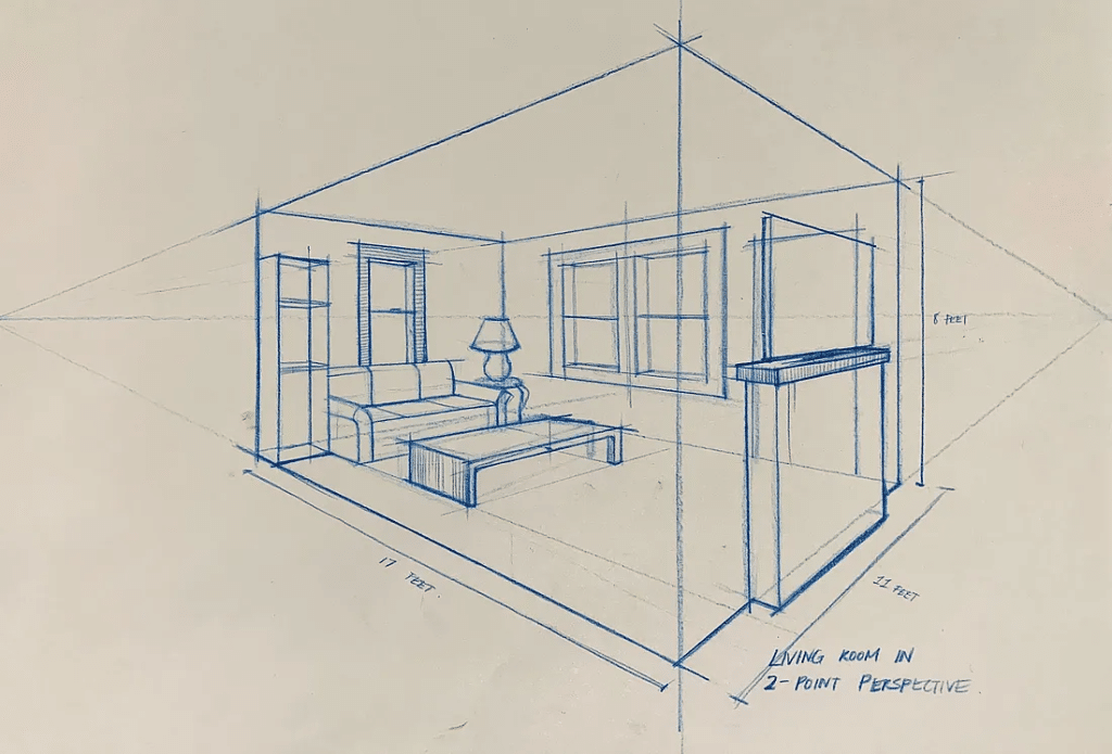 Mastering 2 Point Perspective Drawing: Easy To Draw Ideas 13 2 Point Perspective room interior - https://maggiemadesign.medium.com/perspective-systems-6d4b573045e8