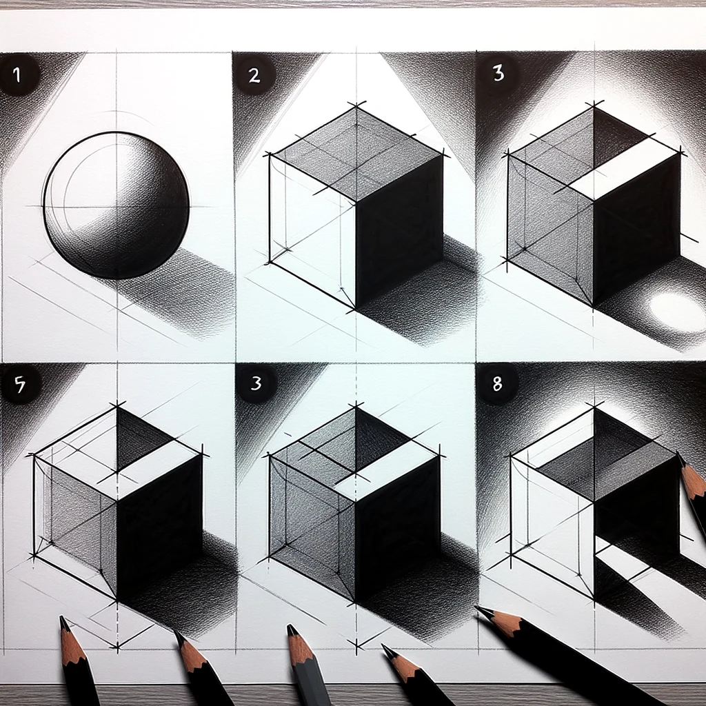 How To Create Realistic Depth to Your Drawings: Easy Ways 4 various shapes from circles to cubes depicting the overlapping of shadows for the purpose of creating depth in a drawing
