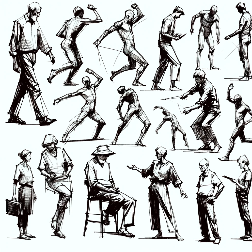 Get Better At Anatomy Drawing: Tips to Improve Your Art 6 The image provided features a series of stylized sketches depicting life drawing studies of people in various poses. These sketches showcase a range of human movement and forms, designed to serve as dynamic references for art projects, capturing the essence and diversity of human posture and anatomy.