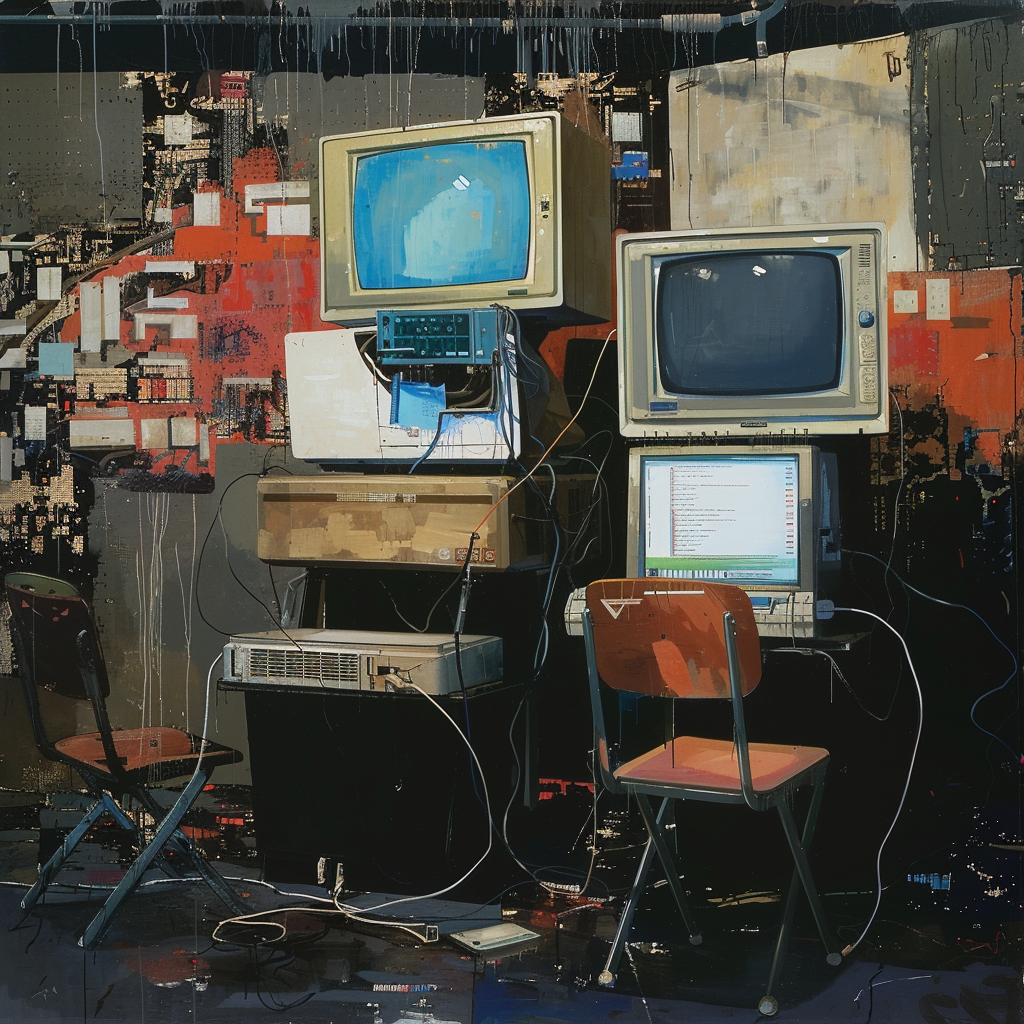 15 Easy Y2K Painting Ideas That Wow: Get Creative 16 painting showing early internet technology of CRT monitor screens stacked on computer towers.