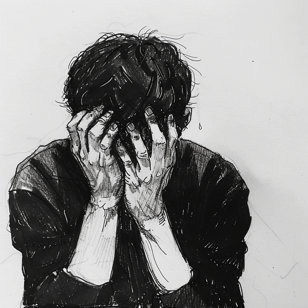 Mastering Sad Poses: A Drawing Reference Guide for Artists 8 a reference image for sad drawings where the face is buried in their hands 3