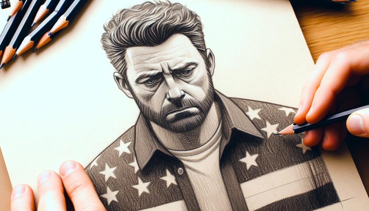 Mastering Sad Poses: A Drawing Reference Guide for Artists 16 drawing of a sad man in a stars and stripes shirt