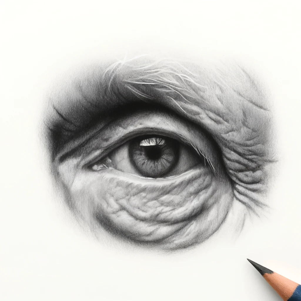 27 Cool Drawing Ideas of Eyes: From Realistic to Anime 9 drawing of an elderly persons eye with Wrinkled, sagging eyelids, with a soft gaze. Great for realistic elderly portraits.