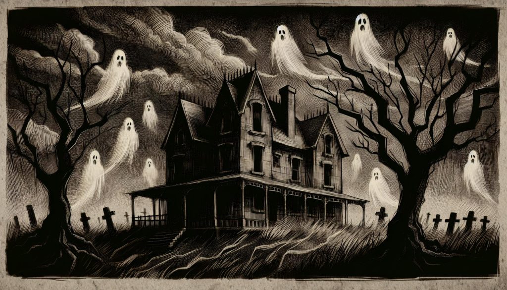 Over 500 Drawing Ideas & Inspiration To Unlock Your Dark Art 41 ghosts floating outside a spooky house