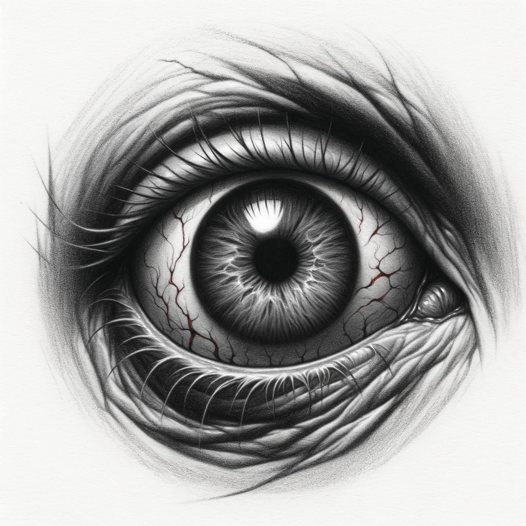 27 Cool Drawing Ideas of Eyes: From Realistic to Anime 8 a drawing of a horror eye with Bloodshot, dark circles, possibly gory. Perfect for horror or thriller genres.