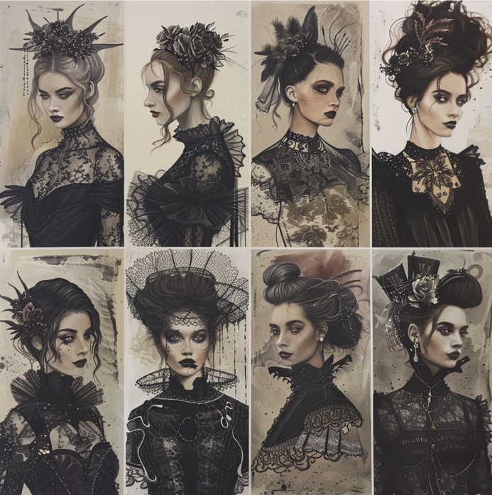 Over 500 Drawing Ideas & Inspiration To Unlock Your Dark Art 2 Victorian gothic fashion, focusing on intricate lace and sombre portraits.