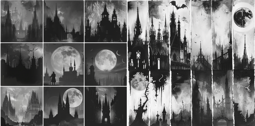 Over 500 Drawing Ideas & Inspiration To Unlock Your Dark Art 1 10 Various dark drawing ideas showing gothic cathedrals in moonlight, with gargoyles silhouetted against the sky.