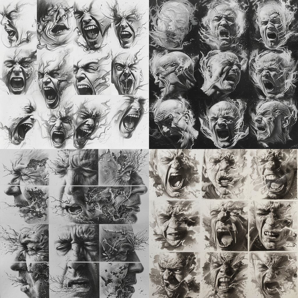 Over 500 Drawing Ideas & Inspiration To Unlock Your Dark Art 27 Faces distorted by rage, with backgrounds of fire and destruction.