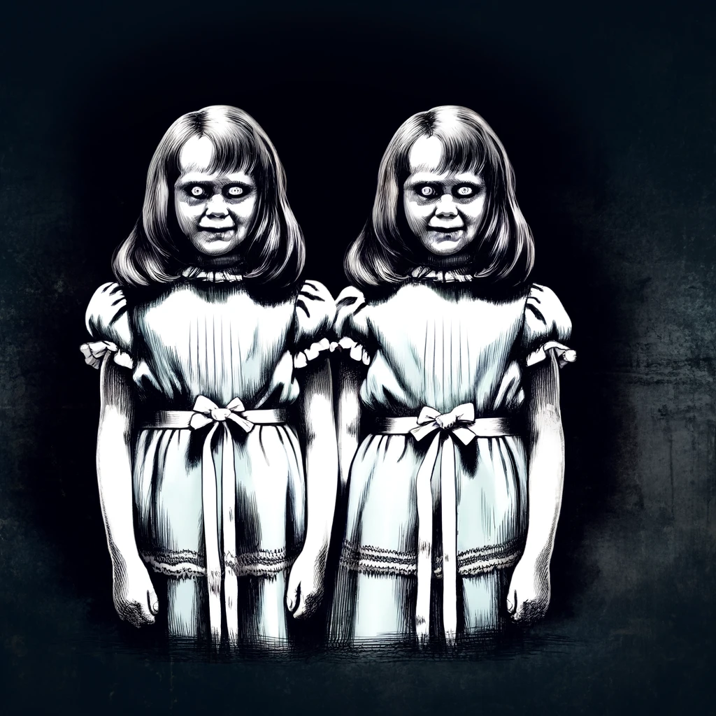 Over 500 Drawing Ideas & Inspiration To Unlock Your Dark Art 35 spooky drawing of twin girls standing side by side, looking eerie against a dark background. Their blank expressions and old-fashioned dresses, set in a foreboding atmosphere, are designed to evoke a classic horror vibe.