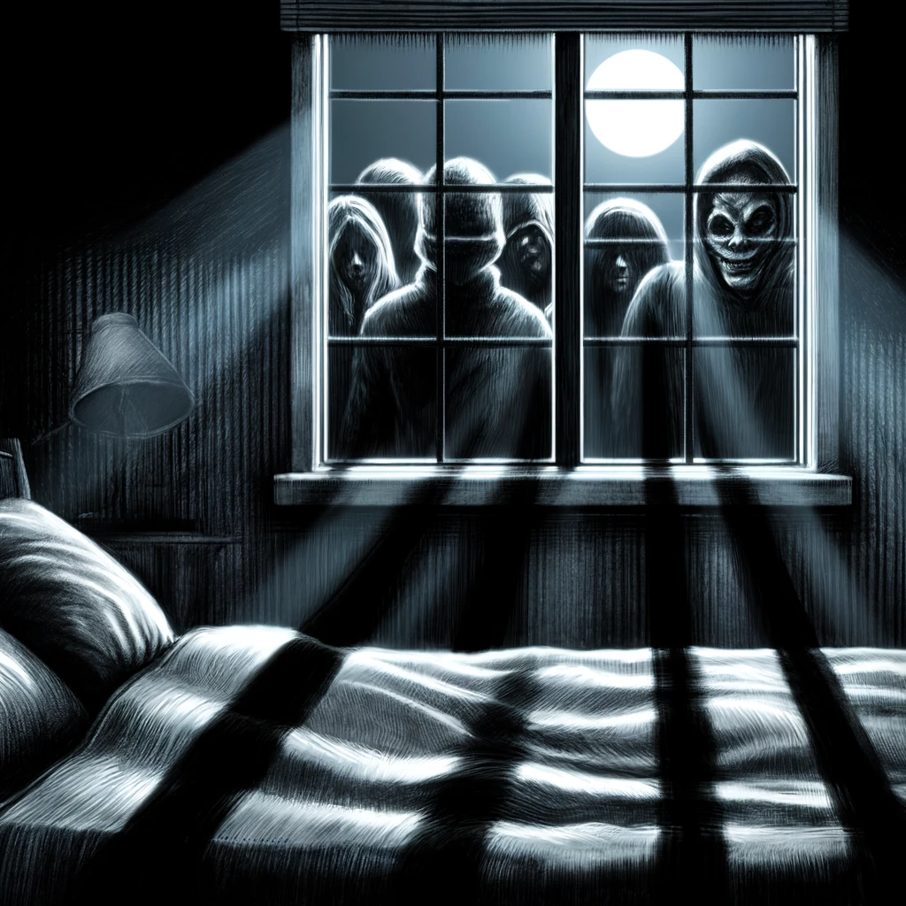 Over 500 Drawing Ideas & Inspiration To Unlock Your Dark Art 36 spooky drawing capturing the unnerving scene of people peeking through a bedroom window at night. Their menacing expressions, combined with the eerie moonlight casting long shadows, are designed to evoke a strong sense of fear and suspense. This perspective, from someone inside the room looking towards the window, intensifies the feeling of vulnerability and intrusion, capturing the essence of a chilling horror scenario.