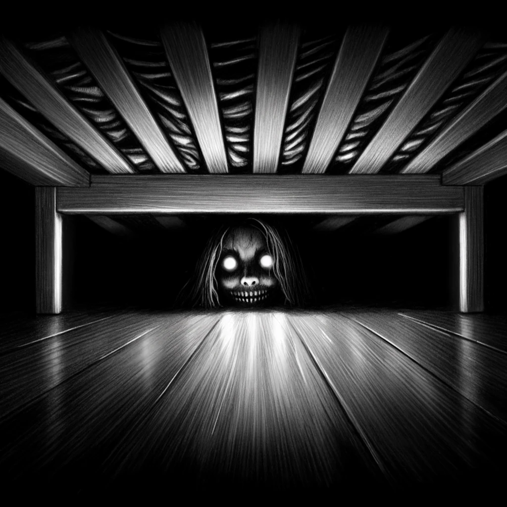 Over 500 Drawing Ideas & Inspiration To Unlock Your Dark Art 37 a spooky drawing depicting someone hiding under the bed, with their eyes glowing in the shadowy room. This eerie scene, highlighted by a sliver of light that reveals just the eyes of the figure, is designed to evoke the classic fear of the unknown lurking in the dark. The composition aims to pull the viewer into a chilling atmosphere, stirring a sense of dread and unease.