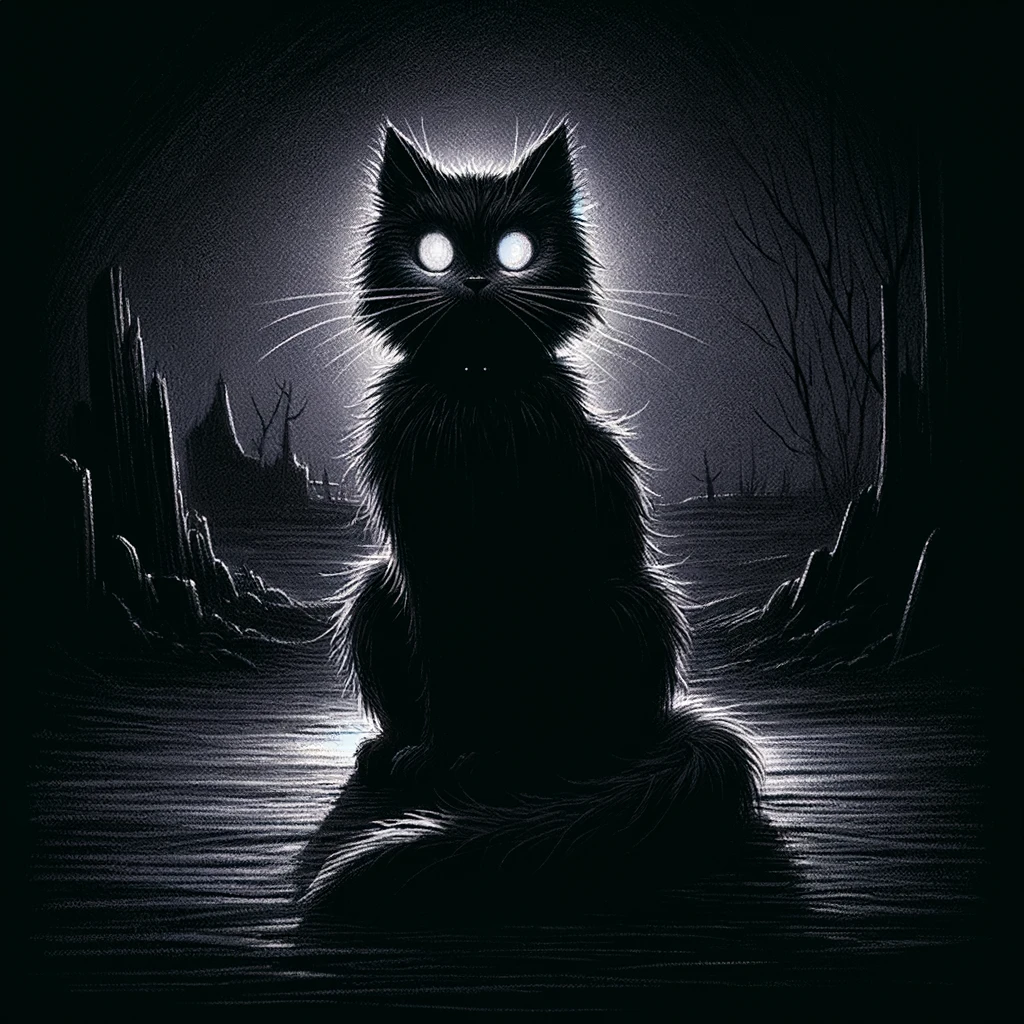 Over 500 Drawing Ideas & Inspiration To Unlock Your Dark Art 32 a spooky drawing featuring a black cat with glowing eyes, set against a dark and eerie backdrop. The cat's fur is bristled, suggesting alertness and adding to the mysterious atmosphere of the scene. The minimal background hints at a shadowy, possibly haunted setting, with the moonlight or another dim light source subtly illuminating the cat. This scene captures the essence of spooky folklore associated with black cats, making it both captivating and unsettling.