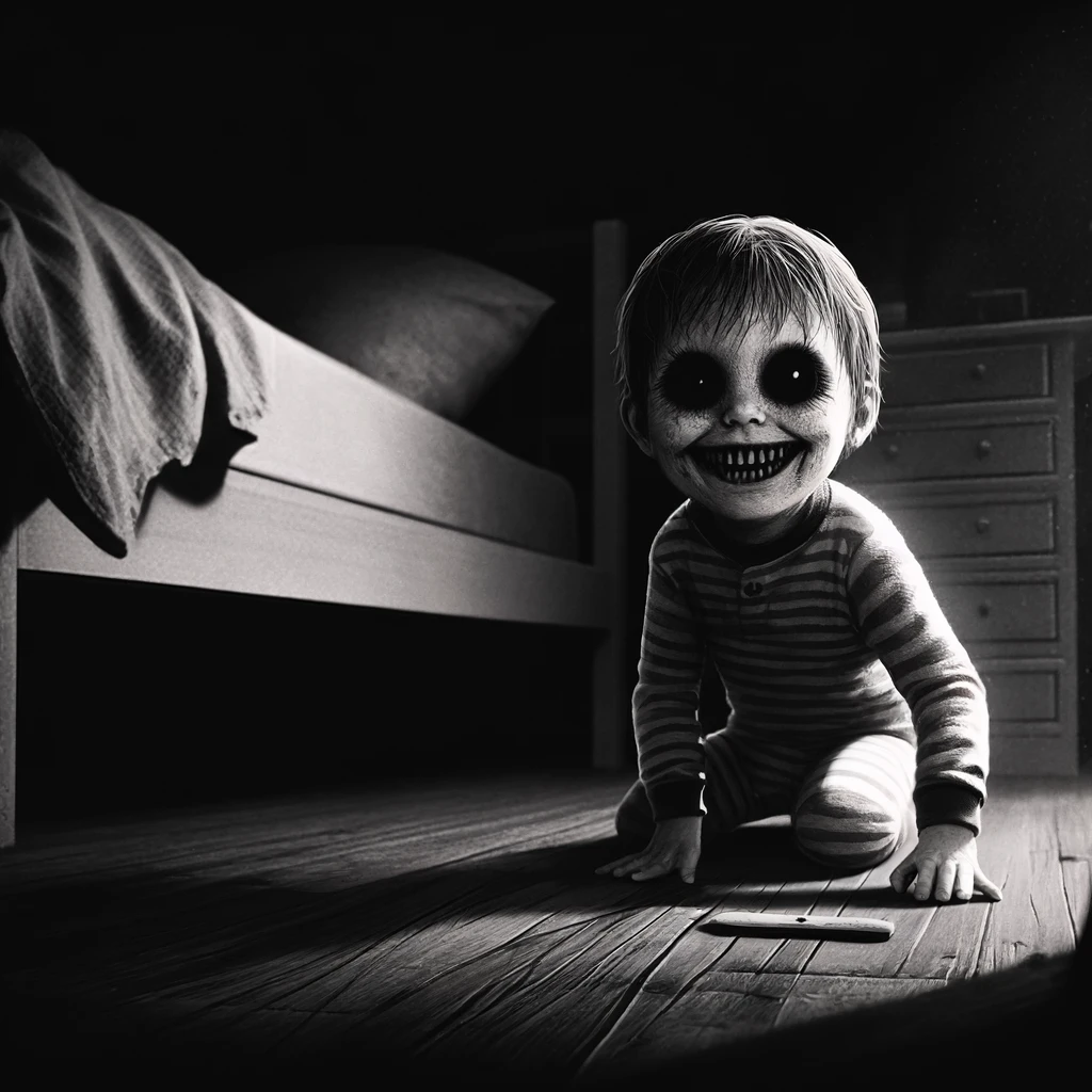 Over 500 Drawing Ideas & Inspiration To Unlock Your Dark Art 38 a spooky drawing of a child with no eyes, playing on the floor next to a bed and looking back at the viewer with an eerie smile. The dark voids where the eyes should be, combined with the dim lighting and shadows, contribute to a deeply unsettling atmosphere. This image captures a chilling scenario designed to evoke a sense of fear and intrigue.