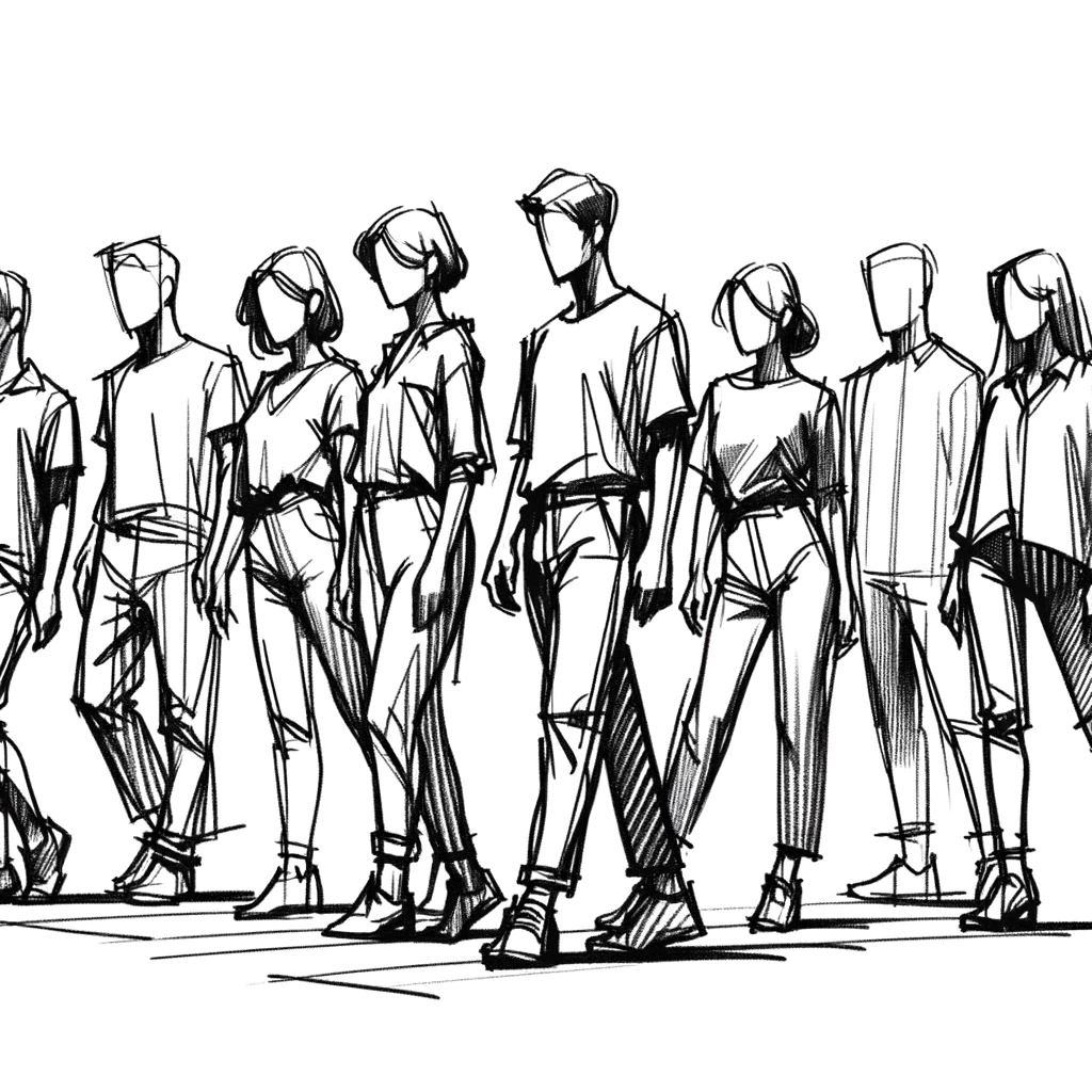 Master Dynamic Poses: Group Drawing Base Tips and References 2 gesture drawing showing a group of people standing in line with symmetrical poses