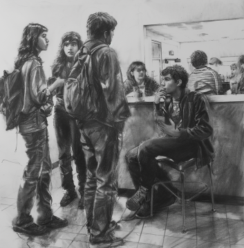 Master Dynamic Poses: Group Drawing Base Tips and References 9 reference material for base drawing group poses showing college students at a cafeteria