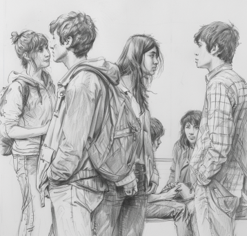 Master Dynamic Poses: Group Drawing Base Tips and References 11 base pose group reference image of students hanging out