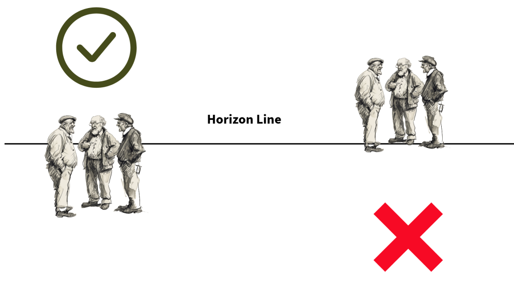 Master Dynamic Poses: Group Drawing Base Tips and References 7 ensuring balance and composition in a group base drawing by having the subjects sit over the horizon line and not below the horizon line. This image shows how to properly place base characters over the horizon line. A tick for the correct method and an x for the incorrect method.