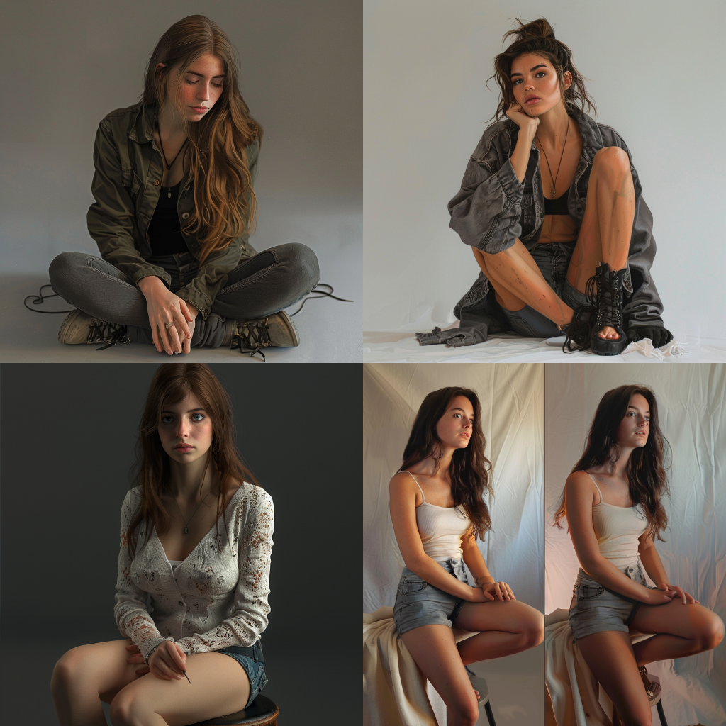 Master Figure Drawings Using Real Body Reference Poses 4 photorealistic reference poses of a woman sitting for artists