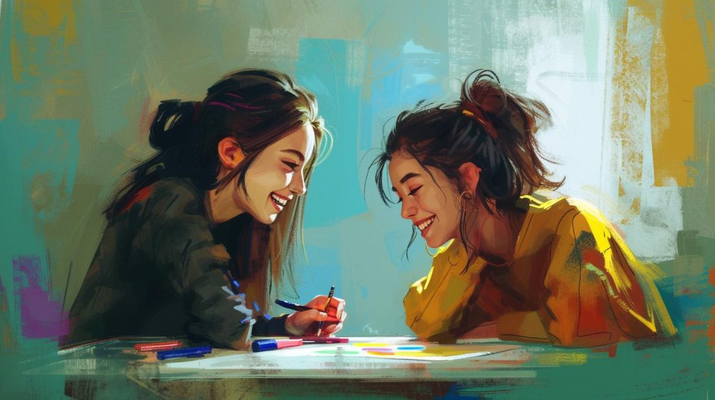 30+ Best Friend Drawing Ideas For Girls (Women, Teens and Preteens) 46 2 girls sharing an inside joke as they draw