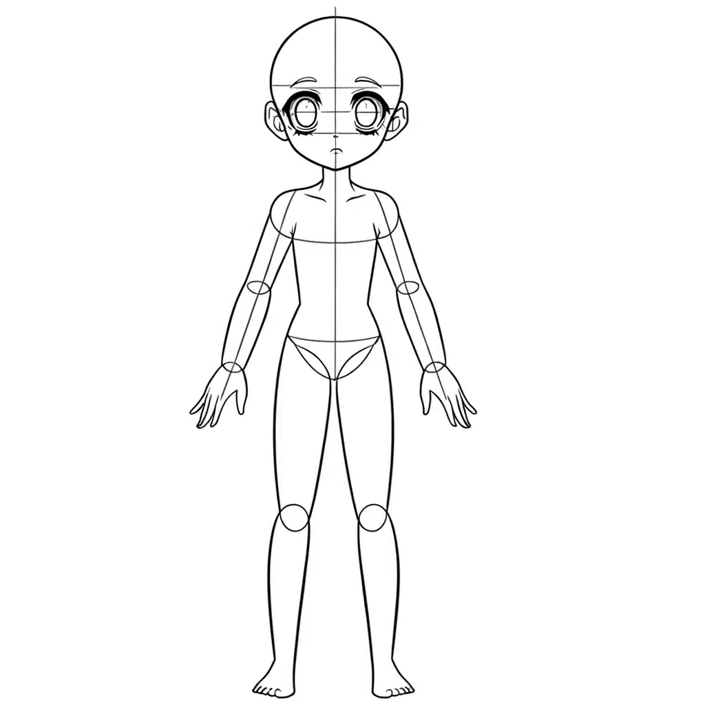 Master Anime Art Base: A Guide to Drawing & Digital Enhancement 1 anime art base drawing. The character usually has a neutral expression and a simple standing pose (when doing body base drawing) to allow for easy customization. Art vases usually only show the essential body outlines without any clothes, hair, or detailed facial features. The proportions are exaggerated slightly, with a larger head and eyes, to enhance the anime aesthetic.
