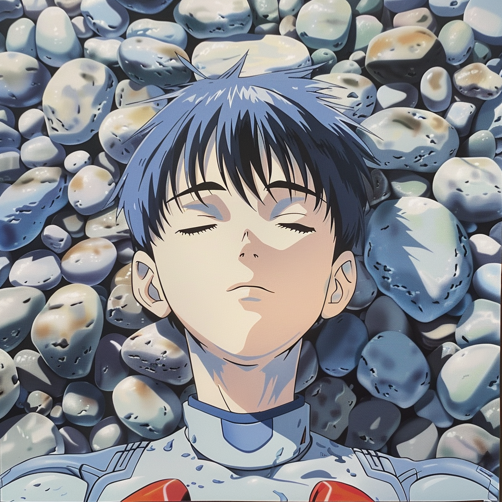 Ultimate Anime Drawing Ideas: Characters, Emotions & Dynamic Poses 25 anime character from Evangelion enjoying a peaceful scene at a pebble garden