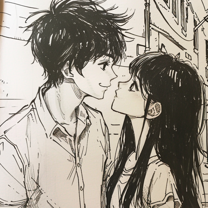 anime style cute couple drawing
