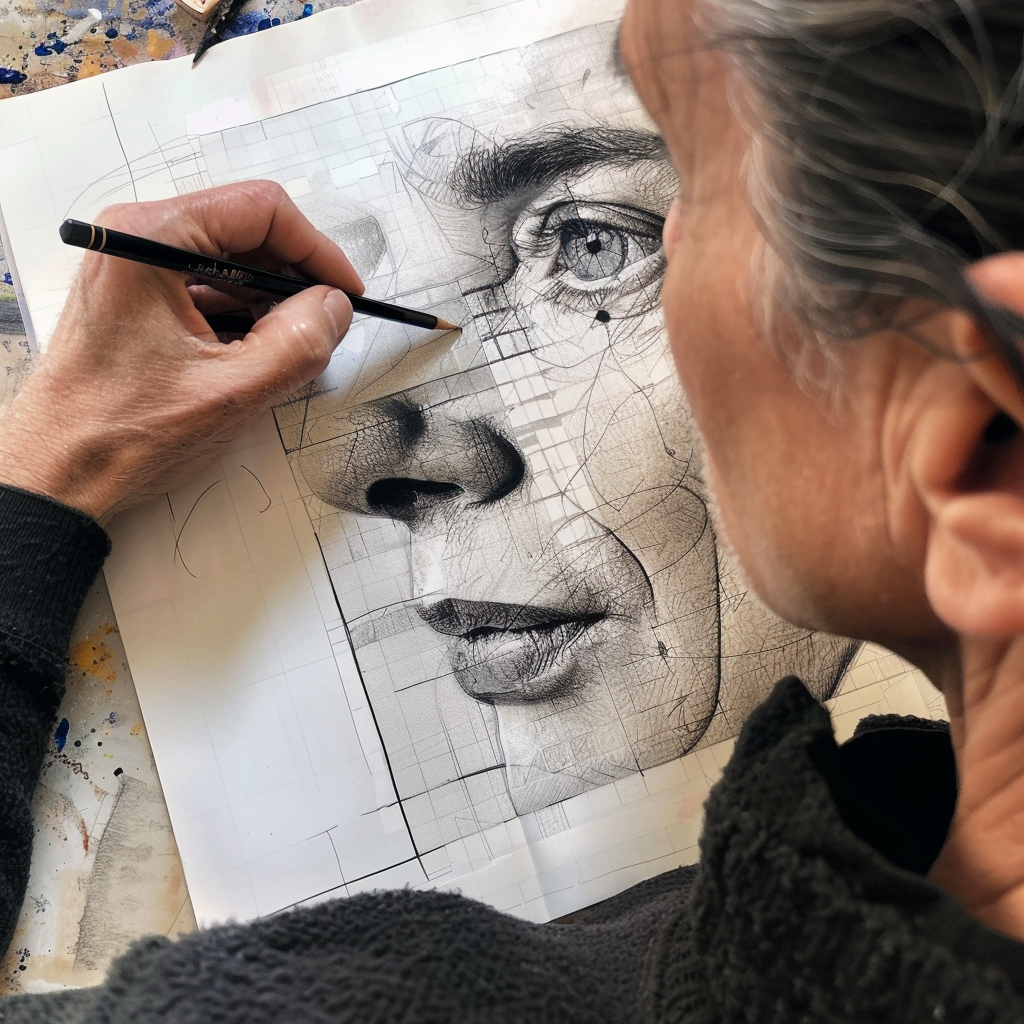 How To Outline a Drawing: Techniques For Perfect Outlining 6 artist copying a drawing using the grid method