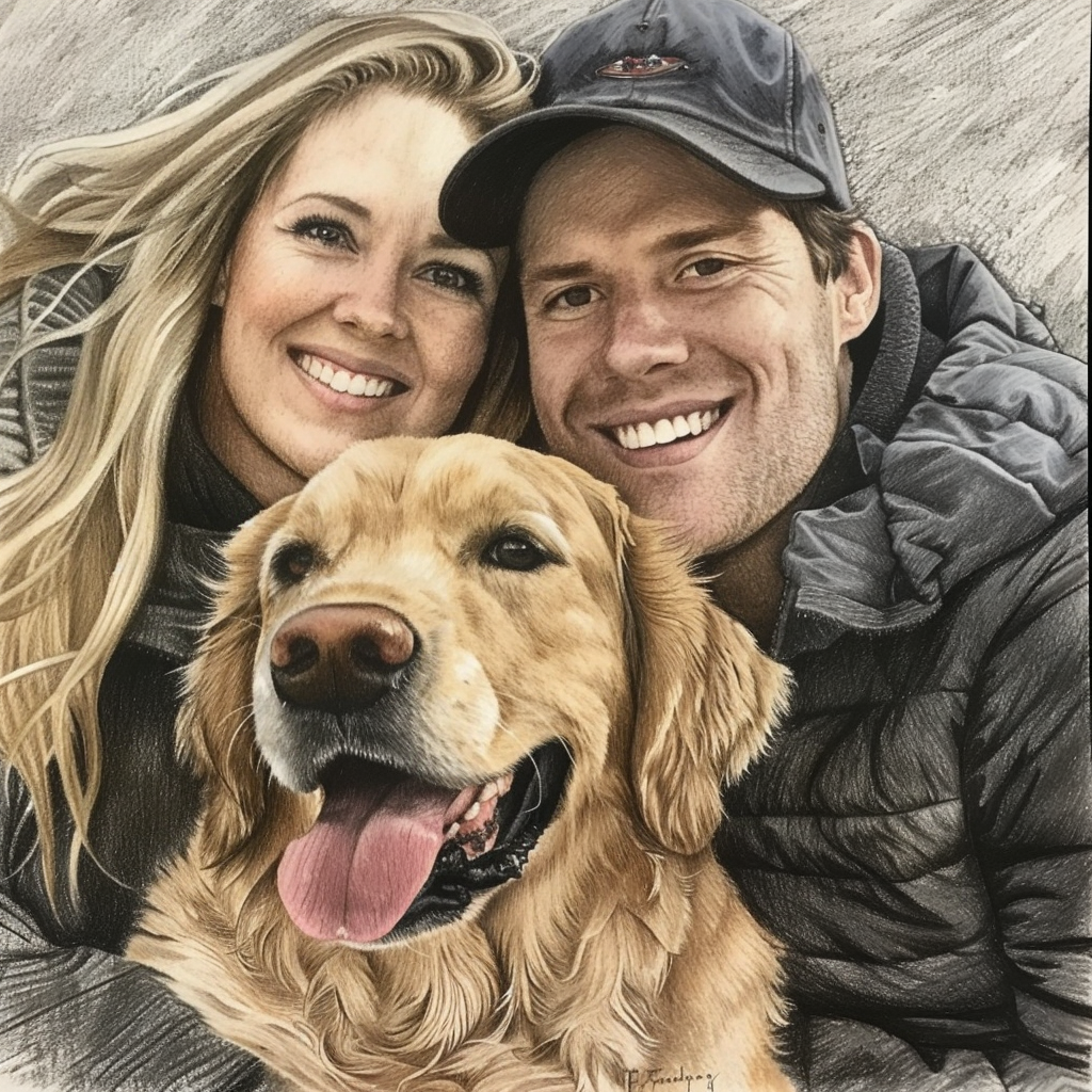 couple drawing with golden lab