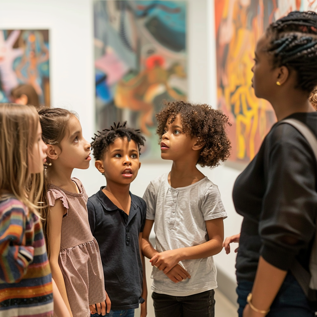 Enhance Art Skills with a Free Art Critique Worksheet by Wasted Talent Inc 5 elementary school students at an art gallery
