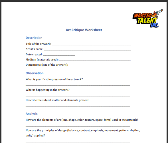 Enhance Art Skills with a Free Art Critique Worksheet by Wasted Talent Inc 1 Wasted Talent Inc Free Art Critique Worksheet download