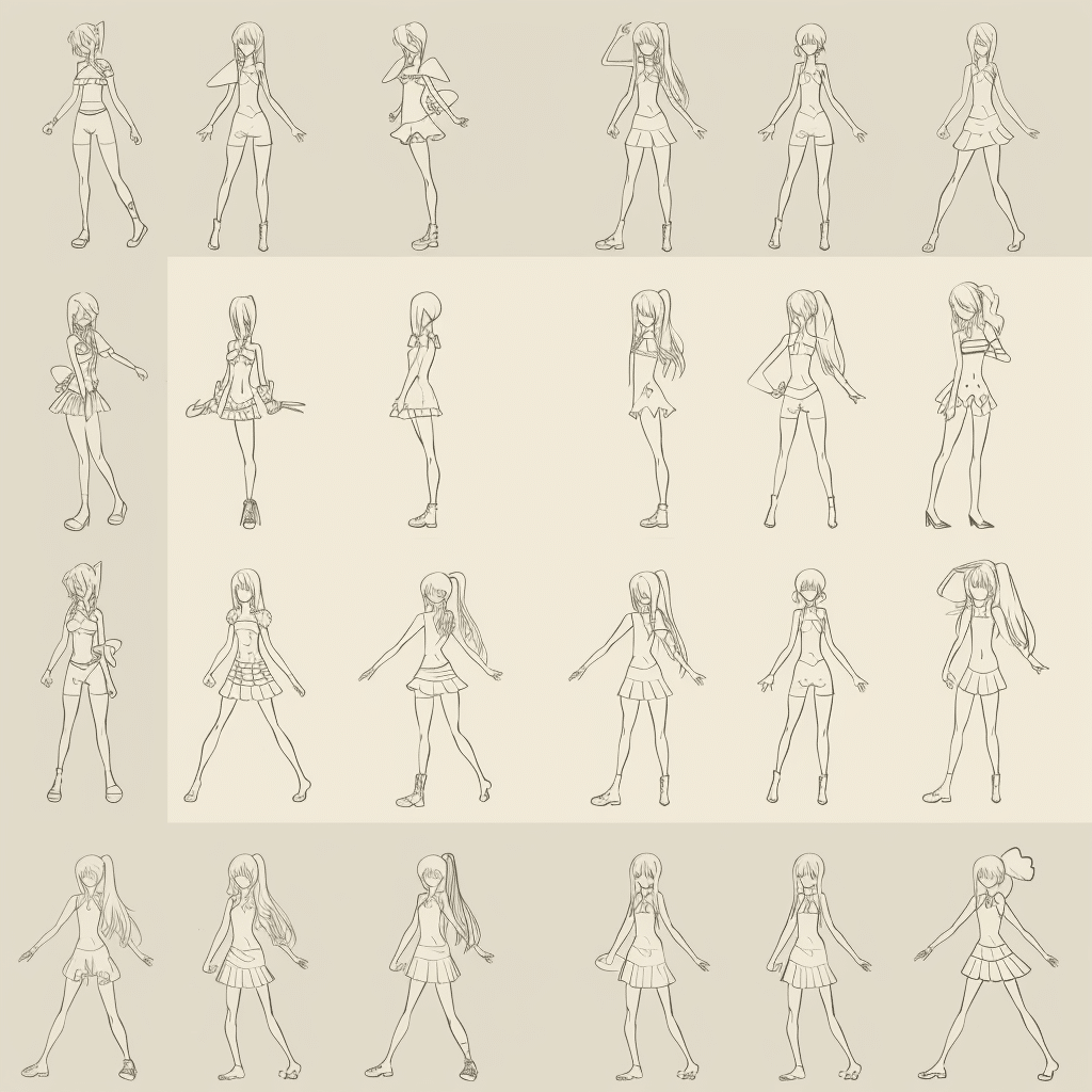 Master Anime Art Base: A Guide to Drawing & Digital Enhancement 9 anime base poses proportion contact sheet