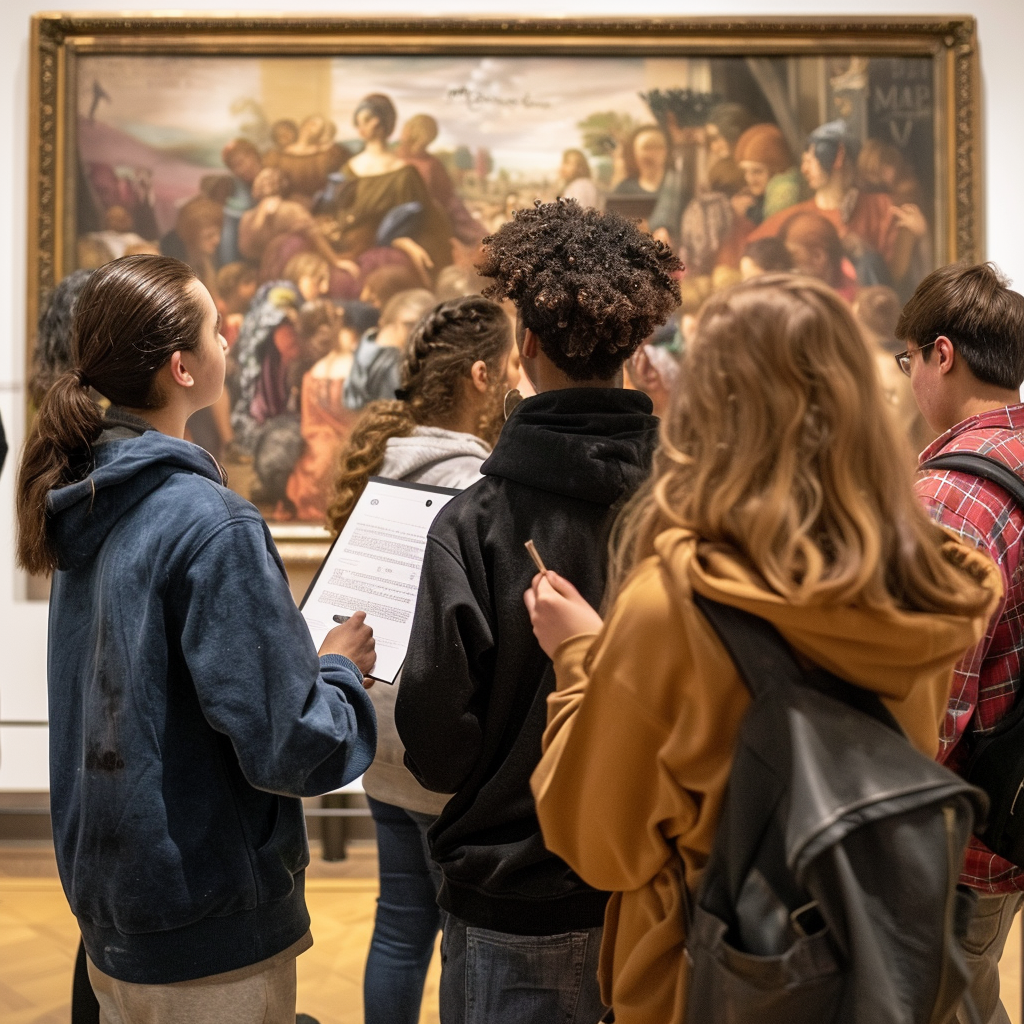 Enhance Art Skills with a Free Art Critique Worksheet by Wasted Talent Inc 6 secondary school students at an art gallery