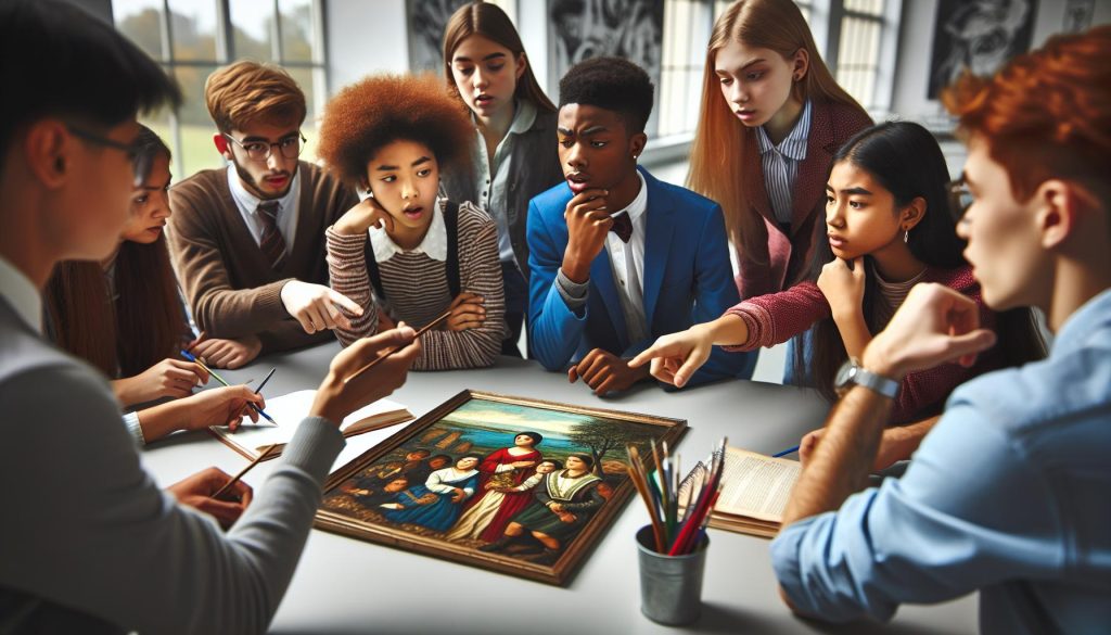Enhance Art Skills with a Free Art Critique Worksheet by Wasted Talent Inc 3 students discussing an artwork using an art critique worksheet