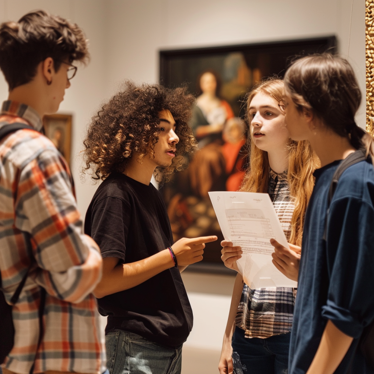students discussing art using an art critique worksheet
