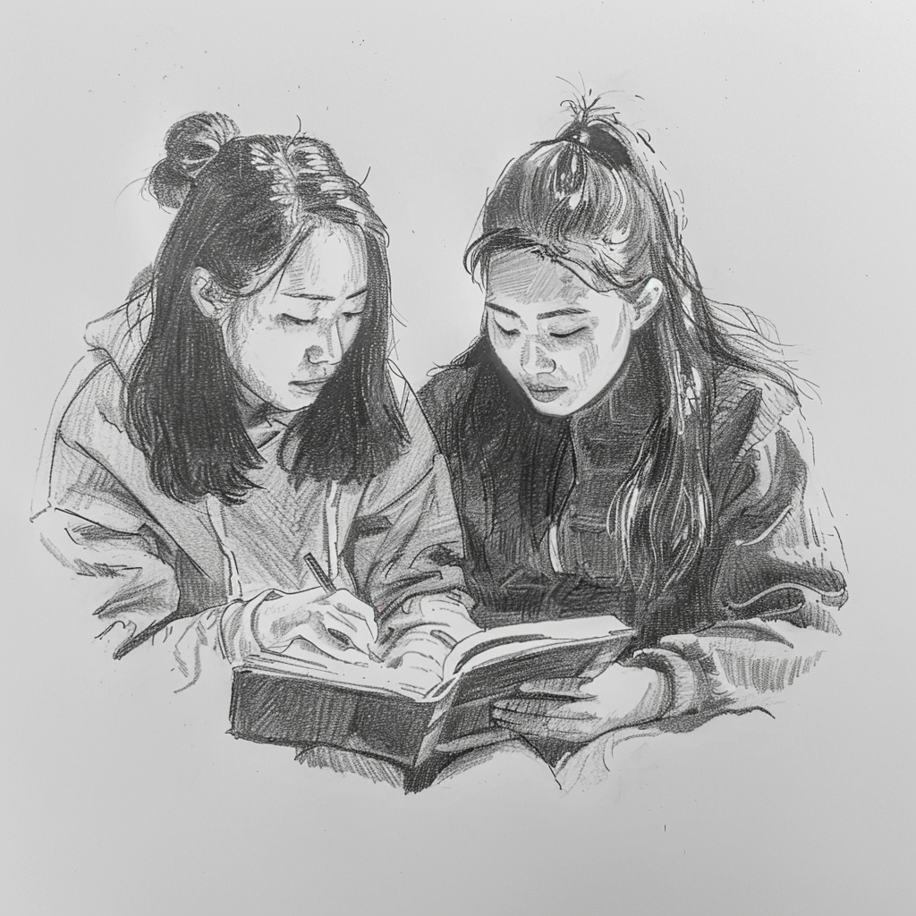 30+ Best Friend Drawing Ideas For Girls (Women, Teens and Preteens) 19 two asian female friends reading a book together